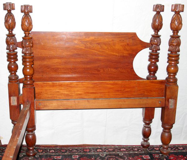 AMERICAN EMPIRE CHERRY FOUR-POSTER BED: AMERICAN EMPIRE CHERRY FOUR-POSTER BED, C. 1820:Hand-carved pineapple posts. From the Collection of Rex Lamoreaux, Pontiac, Mich.