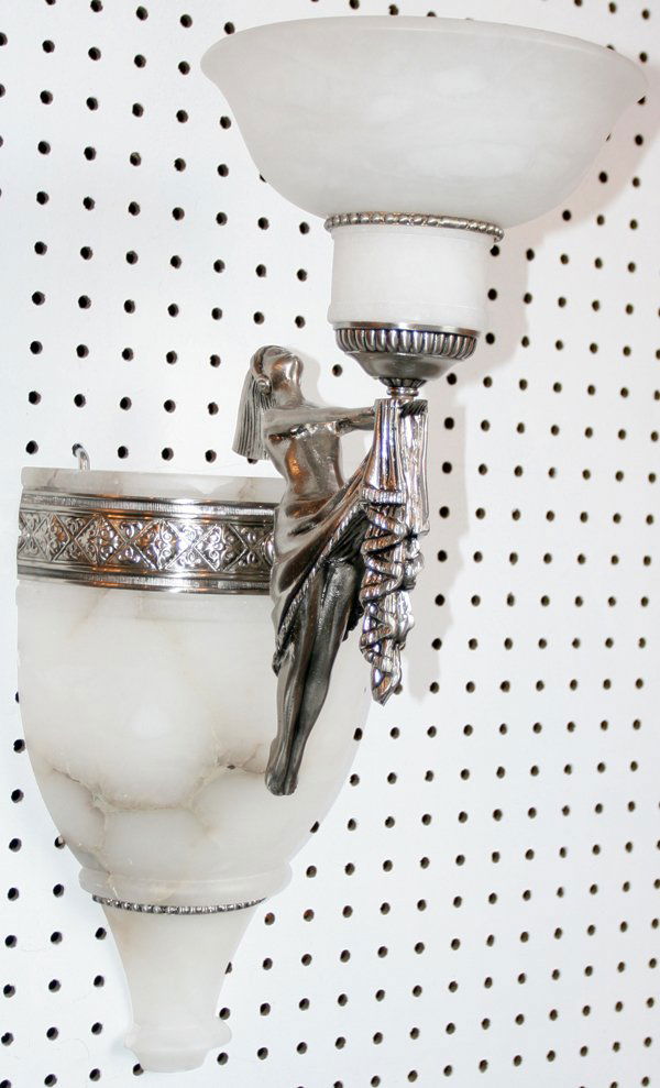 ART DECO STYLE SCONCES, 2 LIGHT GLOBES: ART DECO STYLE SCONCES, 2 LIGHT ALABASTER GLOBES, PAIR H 21", L 10 1/2":