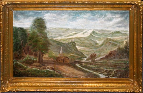 AMERICAN OIL MOUNTAIN LANDSCAPE WITH CHURCH