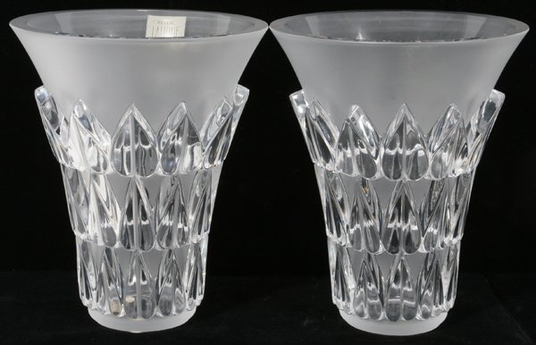 LALIQUE 'FEUILLES' CLEAR & FROSTED VASES H 7"