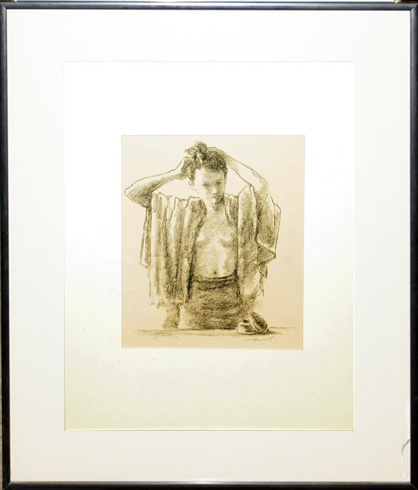 ALEXANDER BROOK LITHOGRAPH 'MORNING': ALEXANDER BROOK, LITHOGRAPH, 20TH CENTURY, 8" X 6 3/4" IMAGE SIZE, 'MORNING':A standing young woman preparing for the day, signed lower right, under glass, matted and framed.