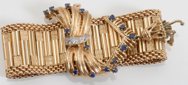 GOLD BRACELET BOW CLASP & TASSEL 15 SAPPHIRES