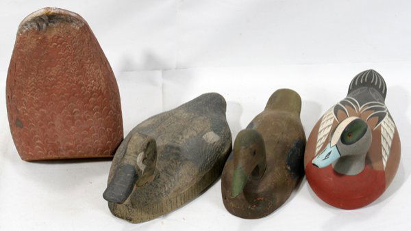 CARVED DUCK DECOYS: FOUR, H 5", 6", W 6": CARVED DUCK DECOYS: FOUR, H 5", 6", W 6", L 13", 14":One is incised, Hornick Bros., Stoney Point Decoys, Oak Hall, Virginia and signed "Raymond E. Hornick" and dated "1977"; one duck decoy is antique,