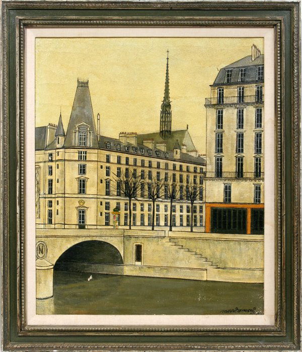 ANGELO MOZZICONACCI OIL'LE PONT SAINT-MICHEL': ANGELO MOZZICONACCI (ITALIAN, AFTER 1939) OIL ON CANVAS, 25" X 21 1/2", 'LE PONT SAINT-MICHEL':Image depicts a French cityscape. The verso has "Le Pont St. Michel & Las(te) Chapelle. Mozziconacci Pari