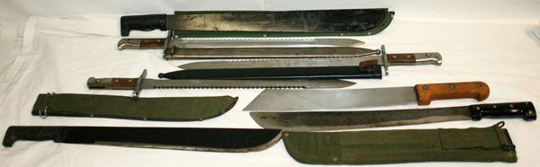GERMAN, ENGLISH & TAIWANESE BAYONETS: GERMAN, ENGLISH AND TAIWANESE BAYONETS & MACHETES, WWII TO LATE 20 TH C, 7 PCS., L 14" - 19" BLADES;includes two German bayonets (one with scabbard) stamped Waffenfabrik Neuhausen with combination saw