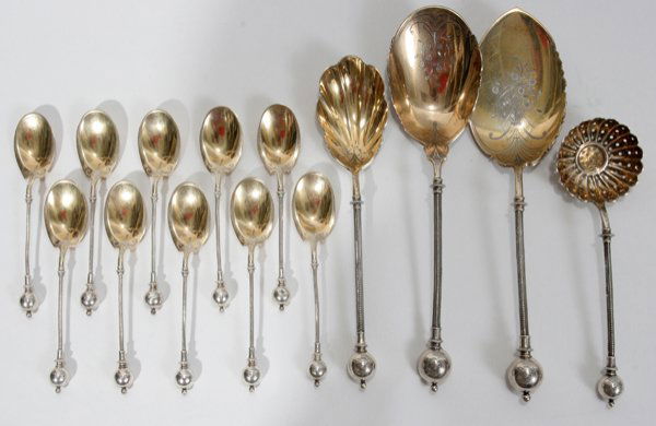 AMERICAN STERLING & VERMEIL SPOONS & UTENSILS: AMERICAN STERLING & VERMEIL SPOONS & SERVING UTENSILS BY GEORGE SHARP, 1866, 14 PIECES, L 5 3/4"-11":Including 10 teaspoons, L. 5 3/4", 6.65 TRZ; 1 berry spoon, L. 7 3/4", 1.58 TRZ; 1 shell sugar serv