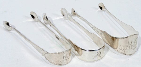 AMERICAN COIN SILVER SUGAR TONGS C. 1800 L 6": AMERICAN COIN SILVER SUGAR TONGS, INCLUDING DAVID SMITH, C. 1800, THREE, L 6":Including 1 by David Smith, Philadelphia, late 18th century, with two-letter script monogram at the rounded end, L.6" (0.9
