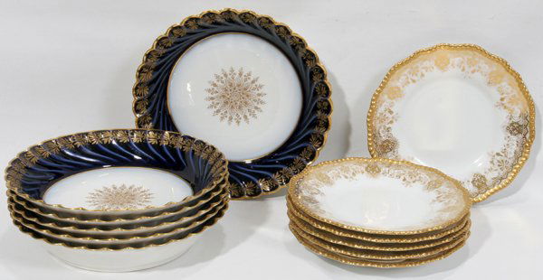 LIMOGES PORCELAIN PLATES & BOWLS C. 1920-1930: LIMOGES PORCELAIN PLATES & BOWLS, C. 1920-1930, TEN, DIA 6 1/8" & 7 1/4":Including 6 plates with gold accents that are marked "L. Bernardaud & Cie Limoges Wright, Kay & Co Detroit Mich. D & C France",