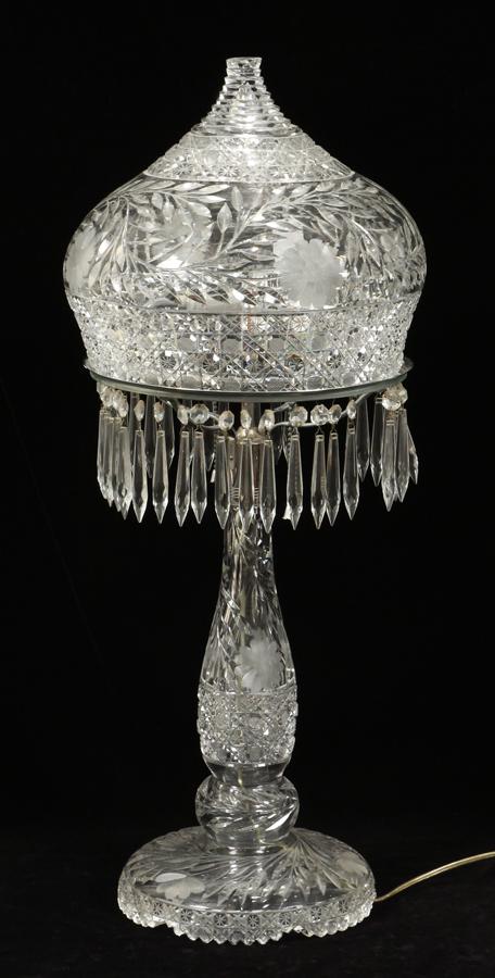 BRILLIANT CUT GLASS ALADIN LAMP, C. 1900, H 28": BRILLIANT CUT GLASS ALADIN LAMP, C. 1900, H 28", DIA 11" Cut glass, mushroom lamp with a floral, star and hobnail cut.