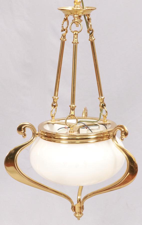 ALABASTER AND BRASS CHANDELIER, MODERN: ALABASTER AND BRASS CHANDELIER, MODERN H 14" DIA 13" Height is 14" not including chain.