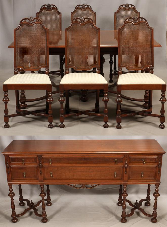 EDWARDIAN STYLE, MAHOGANY DINING ROOM SET: EDWARDIAN STYLE, MAHOGANY DINING ROOM SET, 14 PCS. Includes 1 dining table with baluster turned legs on bun feet and stretchers in a stylized "X" form, the table measures, H 30", L 65", and W 48", it