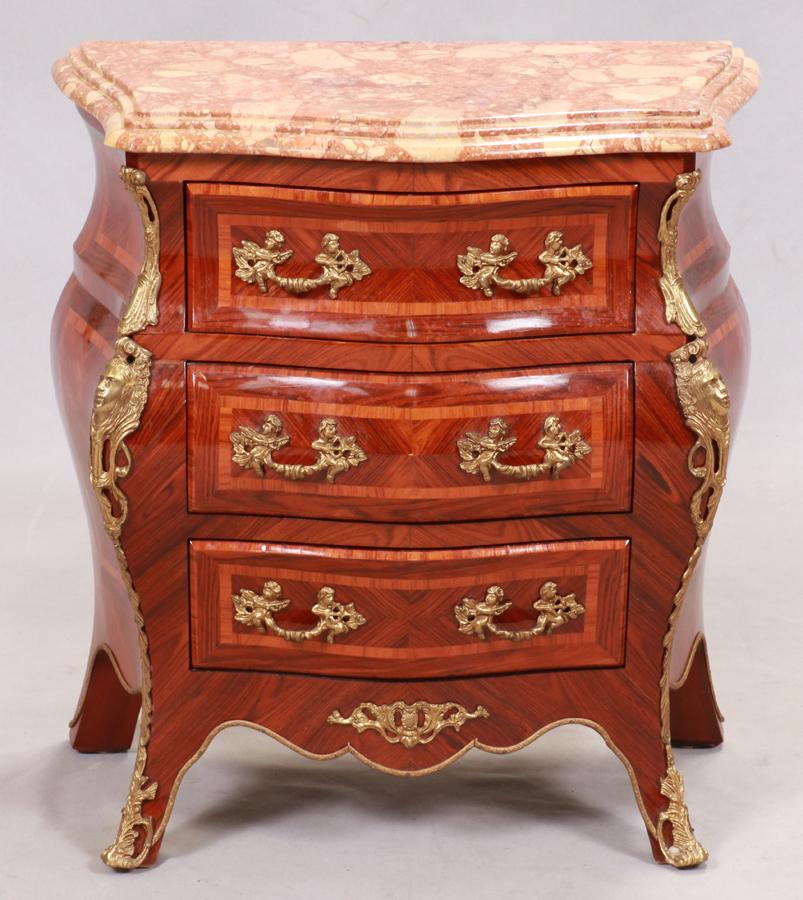 MARBLE TOP FRENCH STYLE FRUITWOOD BOMBE CHEST: MARBLE TOP FRENCH STYLE FRUITWOOD BOMBE CHEST H 27" W 25" D 13" Bronze ormolu. Three drawers. Circa 1980. Walnut and fruitwood inlays.