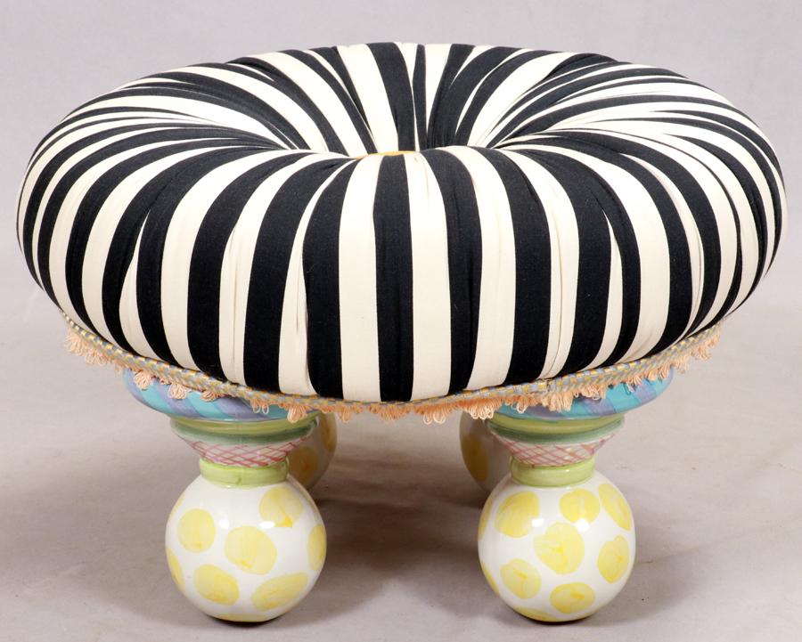 MACKENZIE CHILDS FOOTSTOOL H 13" DIA 22": MACKENZIE CHILDS FOOTSTOOL H 13" DIA 22" Animal print upholstery. From a Wabeek Bloomfield Hills mansion.