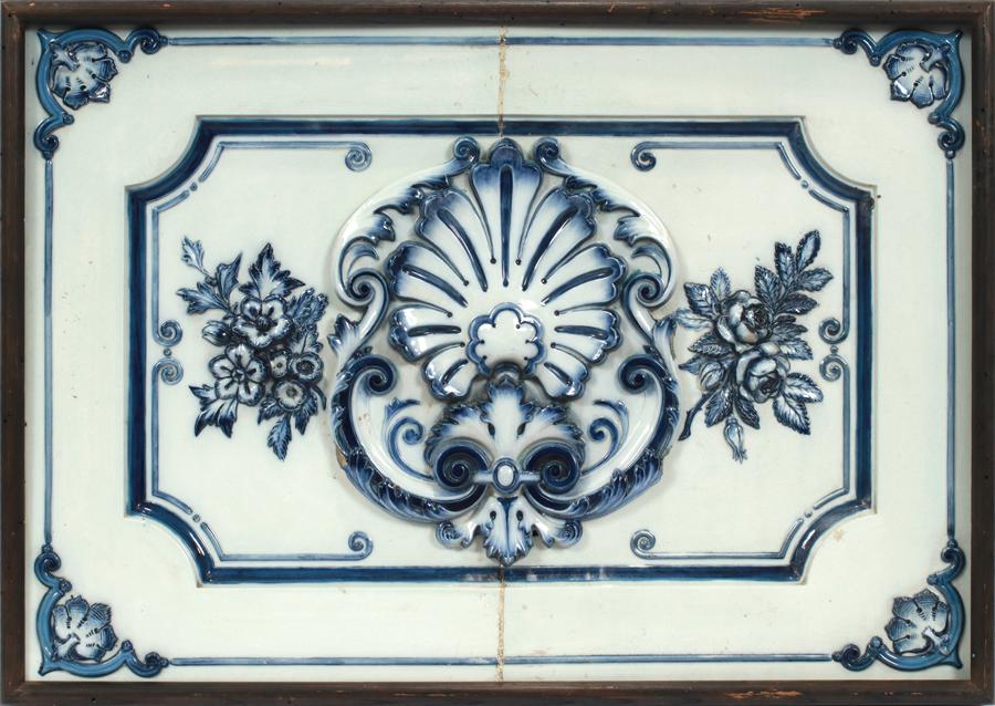 GERMAN FRAMED POTTERY WALL PIECE 19TH.C.: GERMAN FRAMED POTTERY WALL PIECE 19TH.C. H 22" W 29" Stoneware pottery. Grey and white, In two parts. No trademarks. Possibly early Mettlach. From a Woodlands Drive, Bloomfield Hills estate.