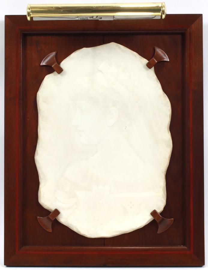 WILLIAM COUPER, CARVED MARBLE PLAQUE: WILLIAM COUPER (AMER, 1853-1942), CARVED MARBLE PLAQUE, H 21", L 14"A carved marble plaque by William Couper. Depicting the profile of a seated young girl. Artist's signature and "Florence L.H." to th