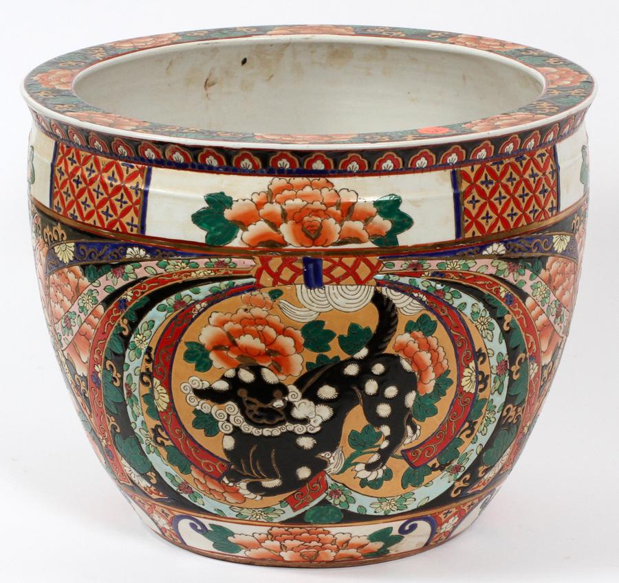 CHINESE PORCELAIN HAND PAINTED PLANTER: CHINESE PORCELAIN HAND PAINTED PLANTER, H 12", DIA 15" HAVING A KOI FISH INTERIOR WITH FLOWERED PLANKTON ON A WHITE GROUND, DECORATED RIM WITH CHRYSANTHEMUMS. SIDE OF PLANTER HAS FOO DOGS AND ADDITION