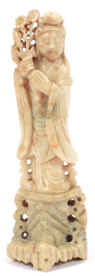 CHINESE CARVED SOAPSTONE QUAN YIN C. 1900 H 8.5": CHINESE CARVED SOAPSTONE QUAN YIN C. 1900 H 8.5" Quan Yin holding flower. Width 2".