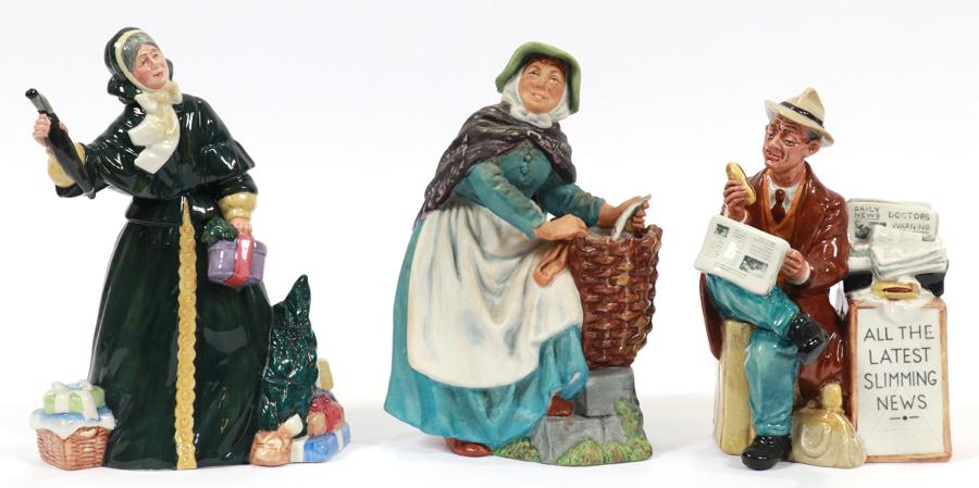 ROYAL DOULTON PORCELAIN FIGURES "STOP THE PRESS": ROYAL DOULTON, PORCELAIN FIGURES, "STOP THE PRESS" ETC. 3 PCS. H 7.5"-9" Includes "Christmas Parcels", H 9"; "Stop the Press', H 7.5"; and "Old Meg", H 8.5". For a total of 3 pieces.