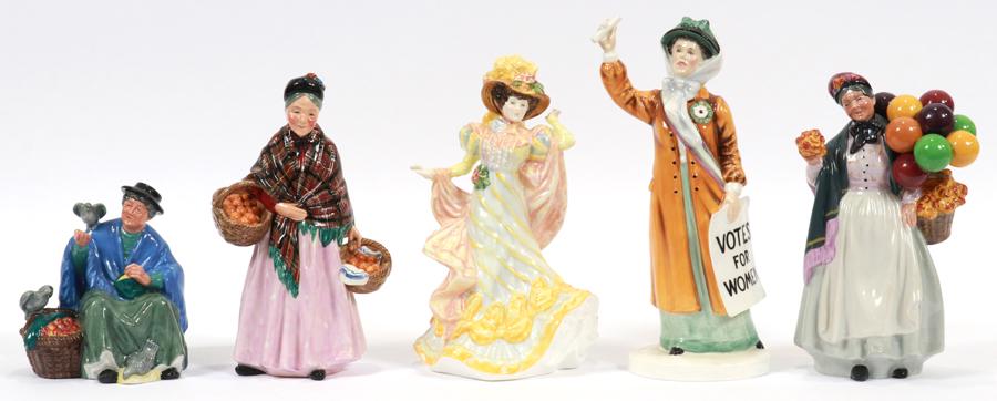 ROYAL DOULTON, PORCELAIN FIGURINES, 5 PCS.: ROYAL DOULTON, PORCELAIN FIGURINES, 5 PCS. H 5.5"-10" Includes "Votes For Woman", Hn 2816, "1977", H 10"; "Flowers of Love Primrose", HN 3710, "1995", H 9"; "Biddy Penny Farthing", Hn 1843, H 8.5"; "T