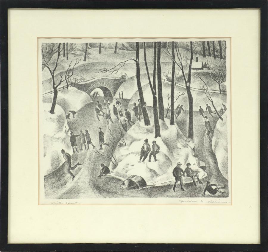 MILDRED EMERSON WILLIAMS LITHOGRAPH: MILDRED EMERSON WILLIAMS (AMER, 1892-1967), LITHOGRAPH, H 10", W 12", "WINTER SPORTS" A lithograph on paper titled "Winter Sports" by Mildred Emerson Williams. Depicting an active winter pathway. Arti