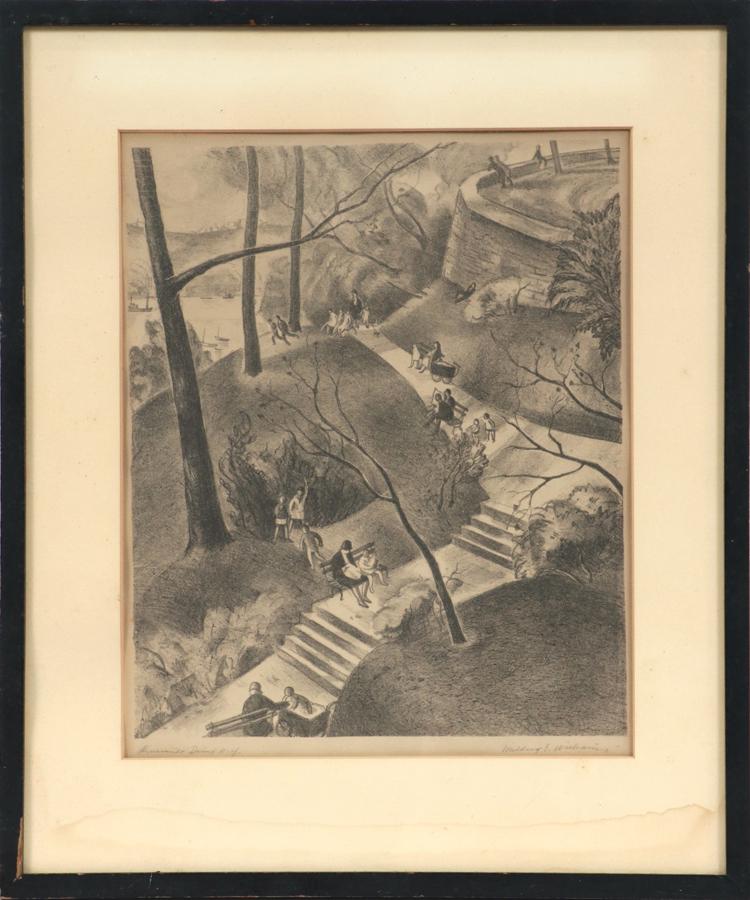 MILDRED EMERSON WILLIAMS LITHOGRAPH: MILDRED EMERSON WILLIAMS (AMER, 1892-1967), LITHOGRAPH, H 12", W 9.75", "RIVERSIDE DRIVE N.Y.C." A lithograph on paper titled "Riverside Drive N.Y.C." by Mildred Emerson Williams. Depicting a bustling