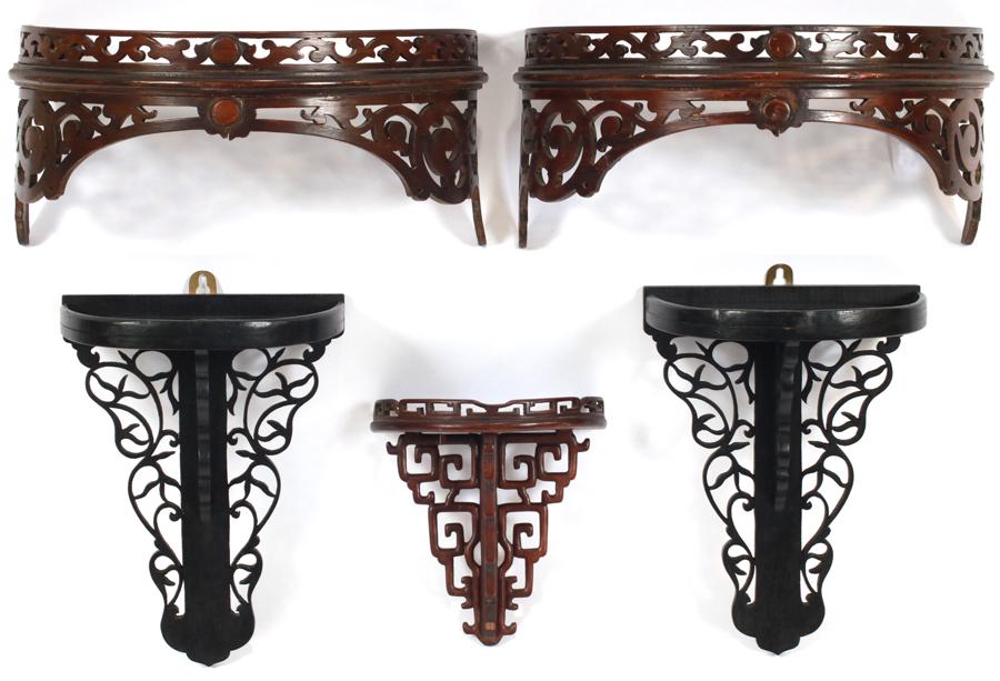 WOOD WALL CURIO BRACKETS FIVE W 7'' - 14": WOOD WALL CURIO BRACKETS FIVE W 7'' - 14" One pair 19th.c. half round painted black with galleries W 14" D 7". Other pair W 7.7" D 5". Single Chinese teakwood bracket H 7" W 7".