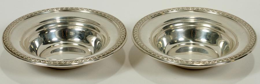 PAIR ROGERS STERLING BONBON DISHES 2 H 1" DIA 6": PAIR ROGERS STERLING BONBON DISHES 2 H 1" DIA 6" A pair of Rogers sterling bonbon dishes. Having a floral motif edge.