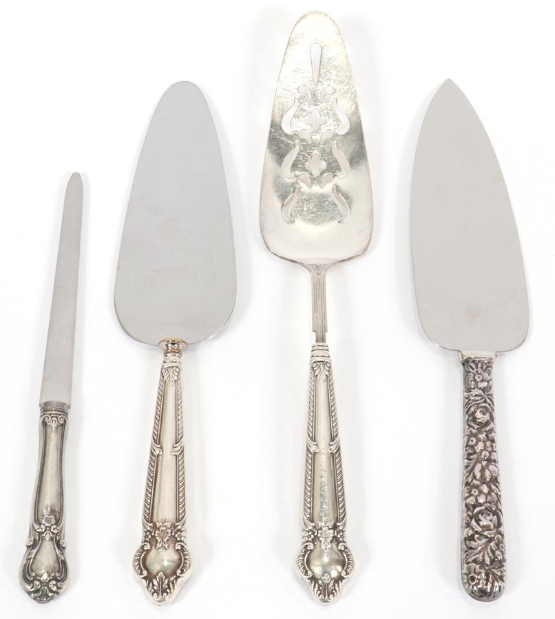 STERLING HANDLE PASTRY SERVERS (3) L 10": STERLING HANDLE PASTRY SERVERS (3) L 10" Three pastry servers with sterling handles and stainless serving element. Plus one sterling handle letter opener. .