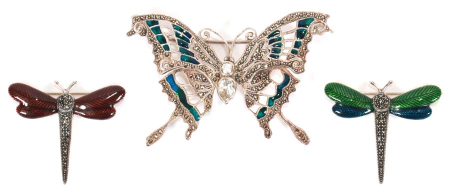 ENAMEL ON STERLING BROOCHES: ENAMEL ON STERLING BROOCHES, BUTTERFLY AND FIREFLIES 3 PCS. Unique pieces. Well made and attractive. Marcasite studded bodies. Green, blue, purple enamel.
