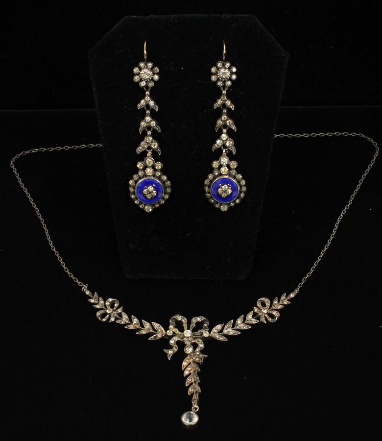 ANTIQUE SILVER NECKLACE & PIERCED EARRINGS: ANTIQUE 925 SILVER WITH PASTE STONES, NECKLACE & PIERCED EARRINGS, 19TH.C. L 15" The necklace has hallmarks, but they are very tiny and are not legible. The necklace has a bow and leaf motif with past