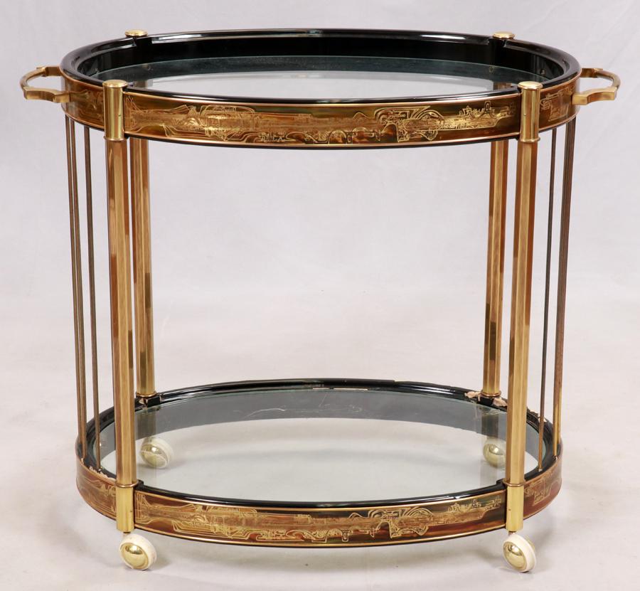 CHINOISERIE DECORATED TEA CART H 31" L 37": CHINOISERIE DECORATED TEA CART H 31" L 37" W. 22". On wheels. Modern.