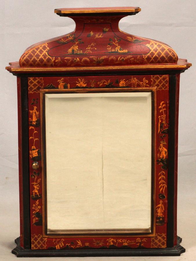 CONTEMPORARY ORIENTAL STYLE WOOD CABINET: CONTEMPORARY ORIENTAL STYLE WOOD CABINET, H 28", W 21", D 7"A contemporary Oriental style painted wood wall hanging cabinet. Pagoda style form.