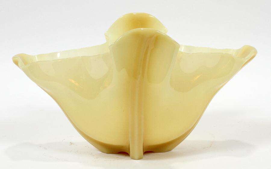 STEUBEN IVORENE BLOWN GLASS VASE, C, 1910: STEUBEN IVORENE BLOWN GLASS VASE, C, 1910, H 7", L 12" Unsigned; ruffled.