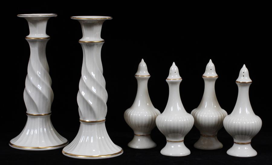 LENOX PORCELAIN CANDLESTICKS & SALT/PEPPERS: LENOX PORCELAIN GOLD EDGE CANDLESTICKS & SALT/PEPPERS, 6 PCS, H 5.5"-8.25"American Lenox porcelain table articles. Comprises of a pair of candlesticks and two pairs of salt and pepper shakers. Each br