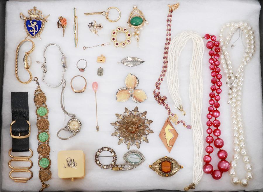 COSTUME JEWELRY LOT: COSTUME JEWELRY LOT Sterling brooch with cabochons, unmarked silver filigree brooch, 3 unmarked silver brooches, Bulova kt gold plated wristwatch, Embe wrist watch, Pulsar watch, etc.