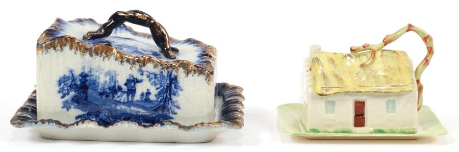 ENGLISH FLO BLUE AND IRISH BELLEEK CHEESE KEEPERS: ENGLISH FLO BLUE AND IRISH BELLEEK CHEESE KEEPERS, 2 SETS, W 6.5", 9" English Staffordshire demi porcelain cheese keeper on underplate, circa 1860, W 9" H 5". Irish Belleek porcelain cottage shape che