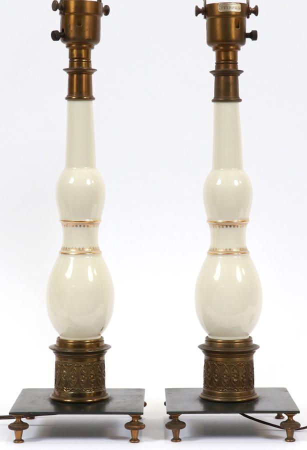 STIFFEL TABLE LAMPS, LENOX PAIR H 28": STIFFEL TABLE LAMPS, LENOX PAIR H 28" Porcelain is signed Lenox and metal is marked Stiffel.