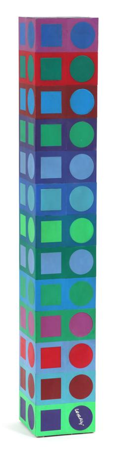 VICTOR VASARELY WOOD & PLASTIC SCULPTURE, #39/50: VICTOR VASARELY (FRENCH/HUNGARIAN, 1906-97), WOOD & PLASTIC SCULPTURE, #39/50 H 25.75", W 4", D 4" "MC 31" Circa 1970 luran color on wood. Block form columns. Signed lower panel. Property of the Arthu