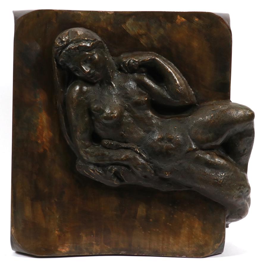 PHILIP & KELVIN LAVERNE BRONZE SCULPTURE: PHILIP & KELVIN LAVERNE (AMER, 20/21ST C), BRONZE SCULPTURE, H 17", W 15", "TABORET LEDA ET LECYGNE" A circa 1960 bronze titled "Taboret Leda Et Lecygne" by Philip (1908-1988) and Kelvin Laverne (b. 1