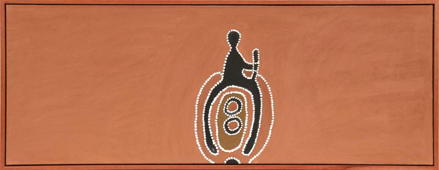 MABEL JULI NATURAL OCHRE & PIGMENTS ON CANVAS: MABEL JULI (AUSTRALIA, B. 1933), NATURAL OCHRE & PIGMENTS ON CANVAS, H 18", W 47", "MARRANJI & JIYIRRINY" A painting comprised of natural ochre and pigments on canvas. Depicting an aboriginal configur