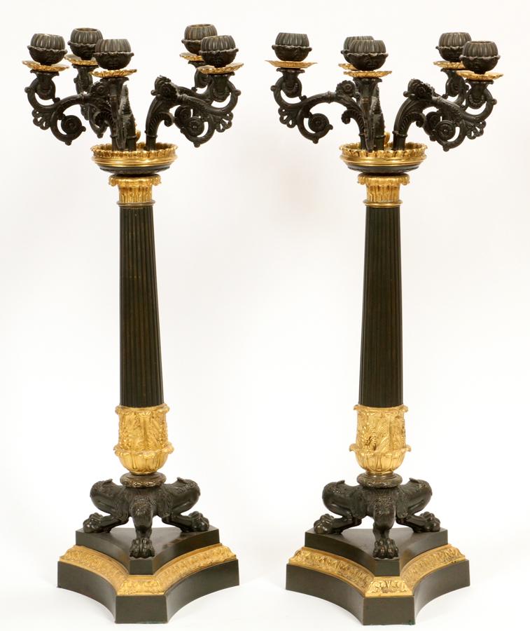 BRONZE FRENCH EMPIRE GILT CANDELABRAS: BRONZE FRENCH EMPIRE GILT & BLACK PATINA CANDELABRAS, 19TH.C. PAIR, H 27", DIA 10" Not electrified.