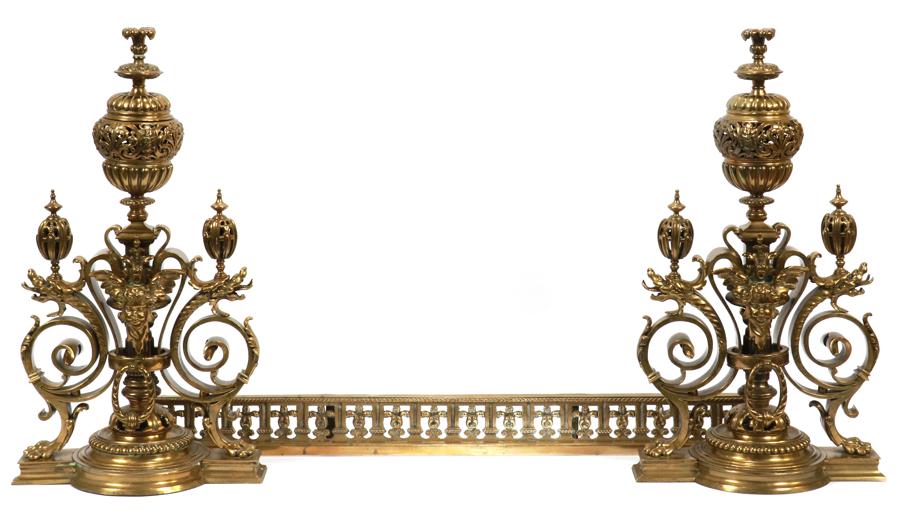 GOTHIC BRONZE ANDIRONS AND FENDER H 22" W 31": GOTHIC BRONZE ANDIRONS AND FENDER H 22" W 31" Having an angel motif flanked by a scrolling dragonhead.
