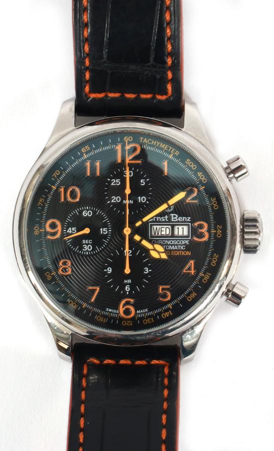 ERNST BENZ 'MARIO BATALI' CHRONOSCOPE WRIST WATCH: ERNST BENZ 'MARIO BATALI' CHRONOSCOPE WRIST WATCH, L 9.75", 131 GR A limited edition (101/250) Ernst Benz 'Mario Batali' chronoscope stainless steel wristwatch. Offers a stainless steel water resistan