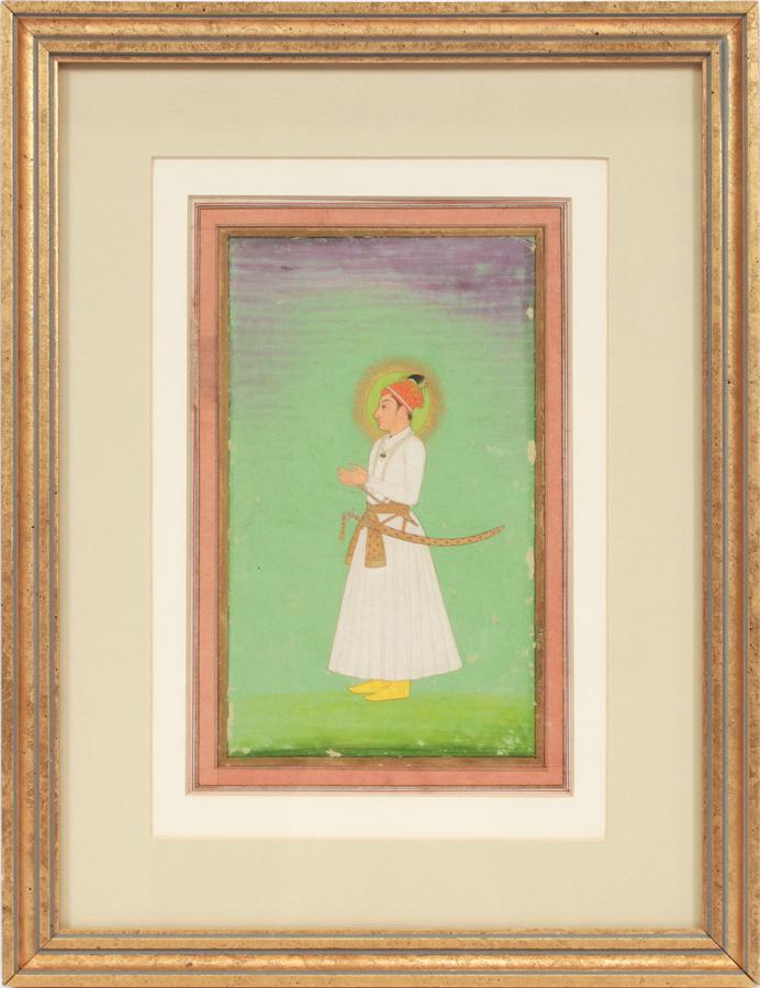 INDIAN GOUACHE & GOLD LEAF, 18TH C: INDIAN GOUACHE & GOLD LEAF, 18TH C, H 7", L 4.5", PRINCE WITH HALO An 18th century gouache and gold leaf on paper, presumably from the Mughal Empire (fl. 1526-1857). Depicting a prince in a white jama