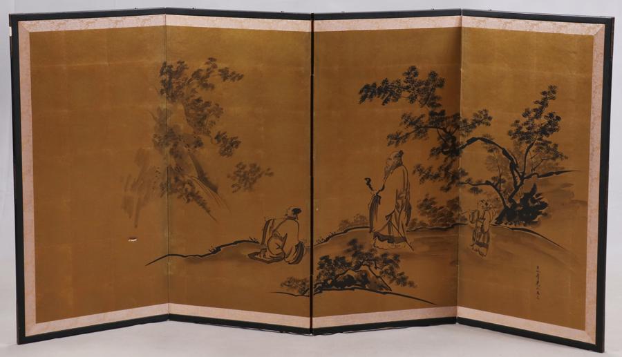 CHINESE HAND PAINTED ON SILK 4 PANEL SCREEN: CHINESE HAND PAINTED ON SILK 4 PANEL SCREEN, H 36", W 70" Hand painted on silk. An exterior scene with male figures. Signed lower right.