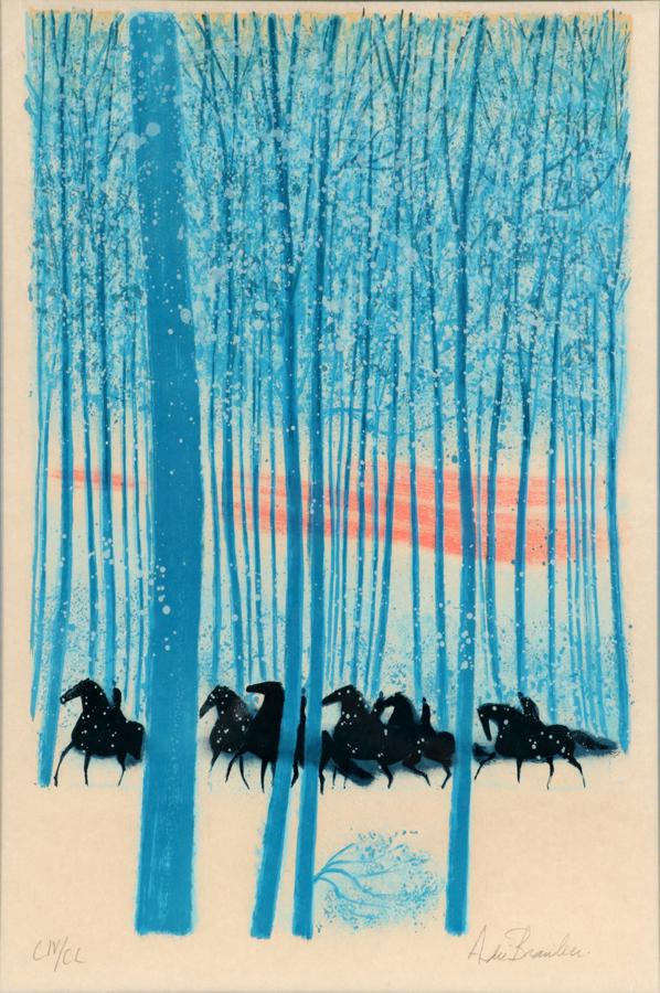 ANDRE BRASILIER COLOR LITHOGRAPH ON PAPER: ANDRE BRASILIER (FRENCH, B. 1929), COLOR LITHOGRAPH ON PAPER, H 25", L 19", WINTER HORSES A color lithograph on paper by Andre Brasilier. Depicting a team of black horses in winter woodlands. Artist's