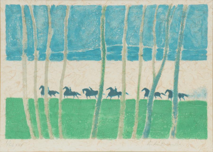 ANDRE BRASILIER LITHOGRAPH ON PAPER, HORSES: ANDRE BRASILIER (FRENCH, B. 1929), LITHOGRAPH ON PAPER, H 12", L 18", HORSES A color lithograph on paper by Andre Brasilier. Depicting horses running through a woodland landscape. Artist's signature a
