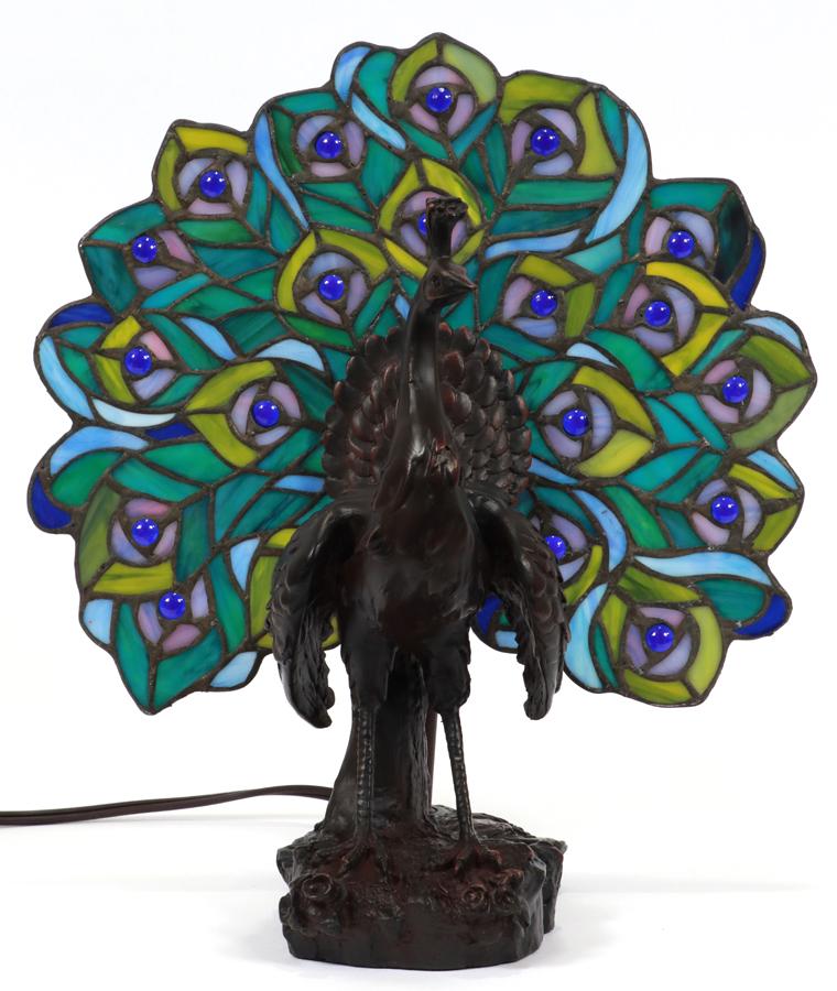 PEACOCK SCULPTURAL LEADED GLASS LAMP: PEACOCK SCULPTURAL LEADED GLASS LAMP H 14" W 12 1/2" Electrified. Portable Lumenaire.