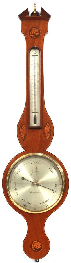 YOUNG (ENGLISH) WALL BAROMETER, H 39": YOUNG (ENGLISH) WALL BAROMETER, H 39"An English Young wall barometer. Offers nautical marquetry and brass accents.