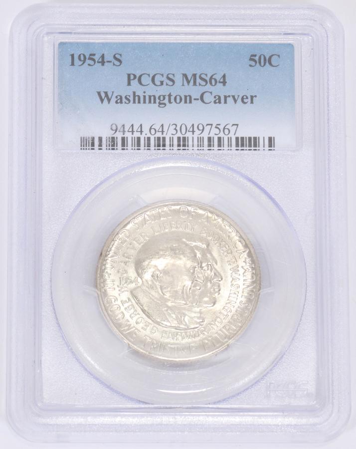 WASHINGTON CARVER .50C: BLACK AMERICANS WASHINGTON CARVER .50C MIRROR-LIKE CERTIFIDED MS-64 ISAAC SCOTT DESIGNER, STERLING SILVER COIN 1-KNOWN 1954-S (1) H 7" W 5" Certified MS-64, Mirror-Like.